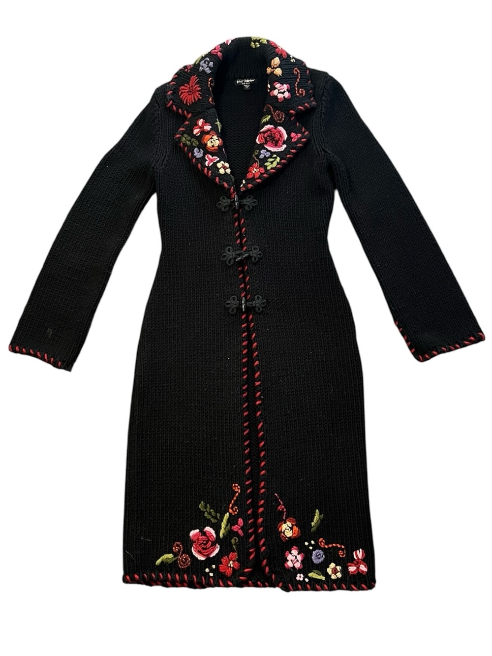 Vintage Betsey Johnson New York Crochet Knit Floral Embroidery Duster Cardigan